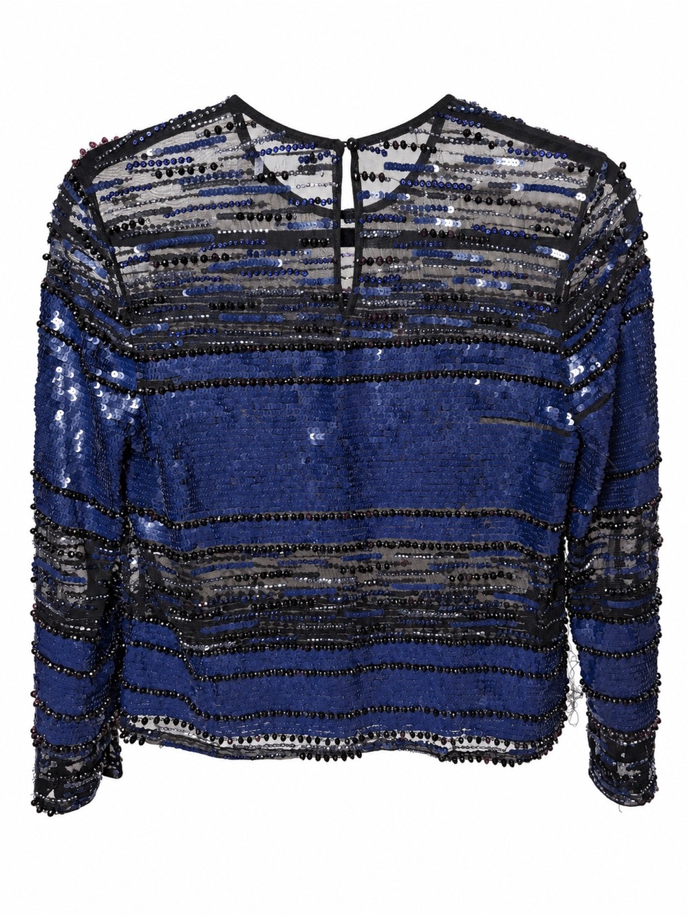 Parker Navy & Black Beaded Sequin Mesh Long Sleeve Top Size S